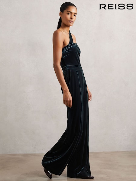 Reiss Teal Green Daria Velvet One-Shoulder Wide-Leg Jumpsuit (H71014) | €237
