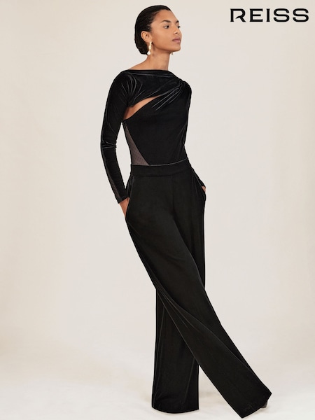 Reiss Black Karolina Velvet Sheer-Panel Wide-Leg Jumpsuit (H71018) | €285