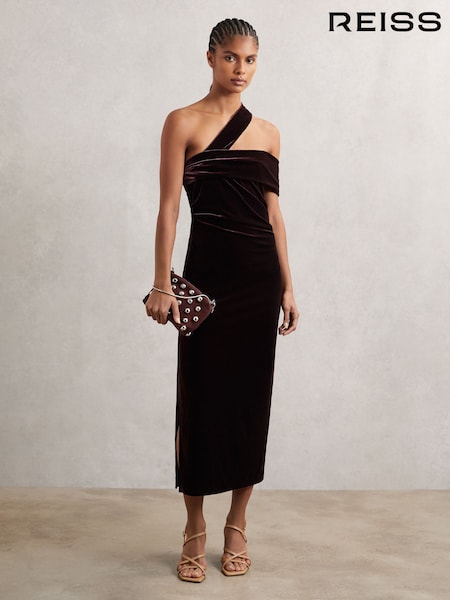 Reiss Burgundy Dalia Velvet One-Shoulder Midi Dress (H71045) | €225