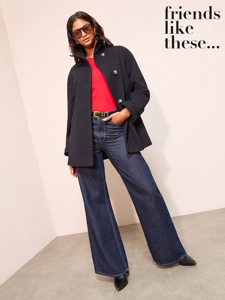 أزرق داكن - Friends Like These Funnel Neck Button Front Mid Length Coat (H71207) | ‏359 ر.ق.