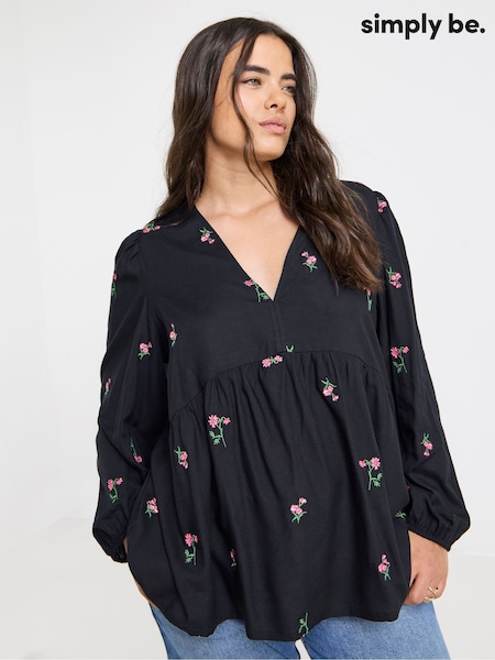 Simply Be Black Embroidered Floral V-Neck Blouse (H71247) | €50