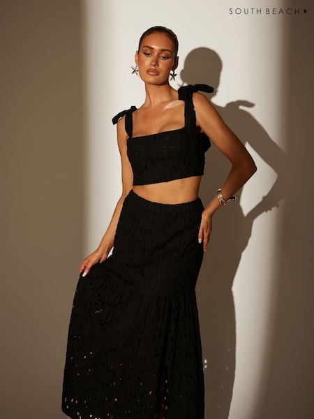 South Beach Black Broderie Tie Shoulder Top (H71275) | AZN 75