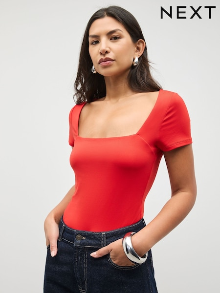 Bright Red Slim Fit Short Sleeve Sqaure Neck Soft Touch Slinky T-Shirt (H71279) | 99 QAR