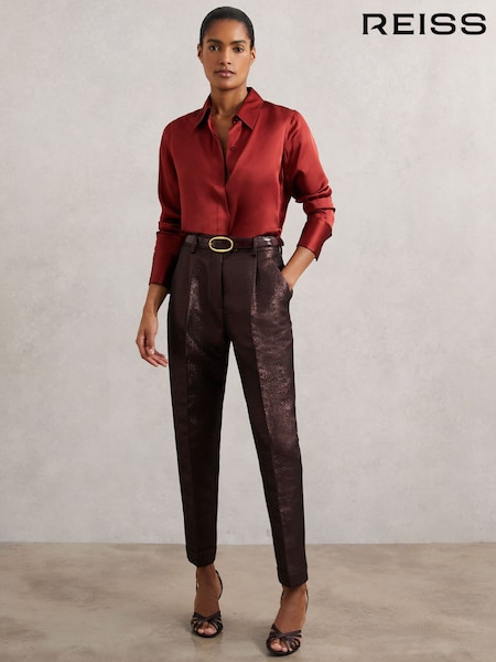 Reiss Burgundy Sienna Tapered Metallic Suit Trousers with Cotton (H71674) | 956 QAR