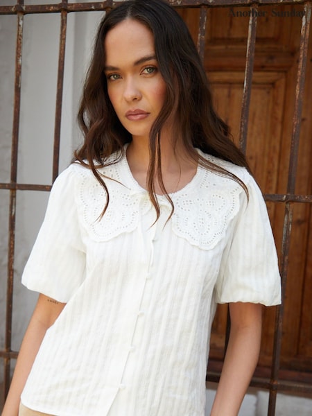Another Sunday White Broderie Collar Puff Sleeve Blouse (H71697) | AZN 90