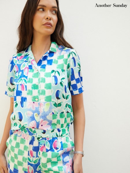 Another Sunday Blue Floral Printed Check Satin Shirt (H71699) | AZN 100