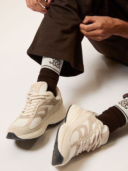 Reiss Chocolate Brown/Ecru/Navy Maurice Monogram Cotton-Blend Rib Sport Socks (H71776) | €25