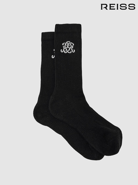 Reiss Black Marcus Monogram Cotton-Blend Ribbed Socks (H71783) | €25