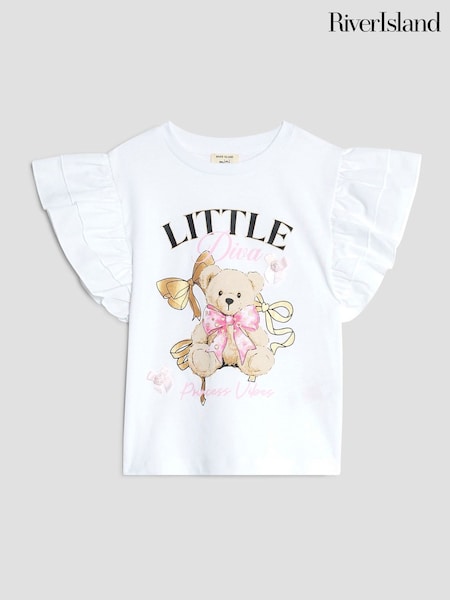 River Island White Girls Frill Sleeve Bear Print T-Shirt (H72071) | AED82