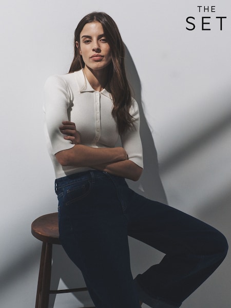 The Set 2 Pack Knitted Ribbed Polo Tops Navy Blue/Cream (H72274) | €40