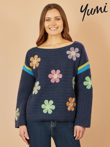 Yumi Blue Crochet Flower Print Jumper (H72333) | R$ 495
