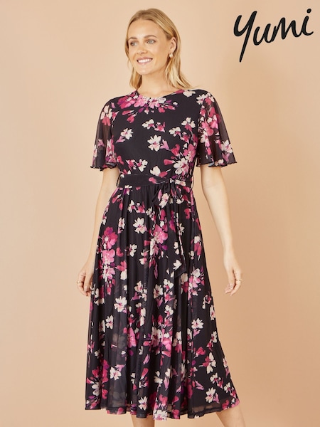 Yumi Black Mesh Skater Floral Print Midi Dress (H72344) | €89