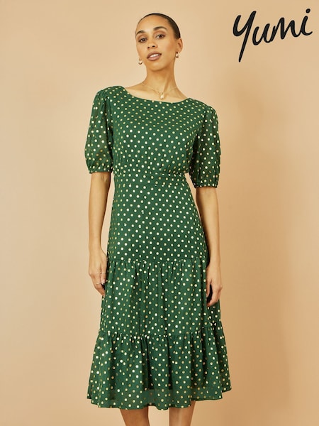 Yumi Green Foil Spot Midi Dress With Scoop Back (H72346) | €77