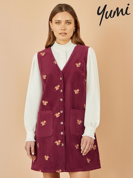 Yumi Burgundy Cord Button Through Pinafore Dress With Pockets (H72363) | €86