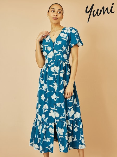 Yumi Blue Floral Print Button Down Midi Dress (H72364) | €83