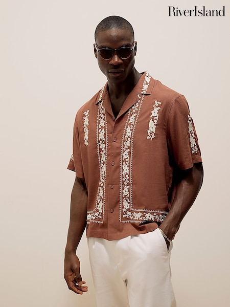 River Island Regular Fit Rust Short Sleeve Artisan Emb Shirt (H73741) | 343 LEI