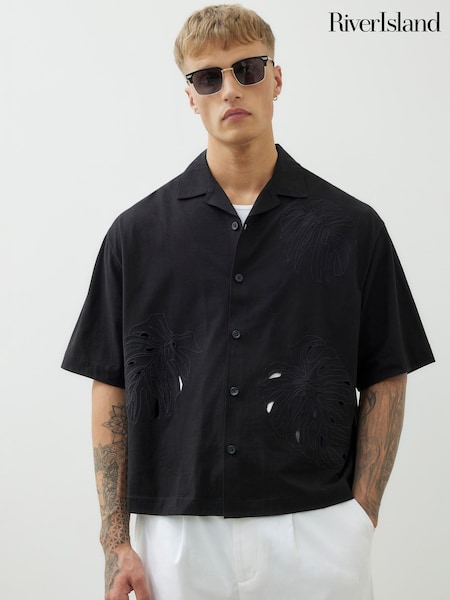 River Island Black Regular Fit Palm Cut Out Shirt (H73751) | AED233