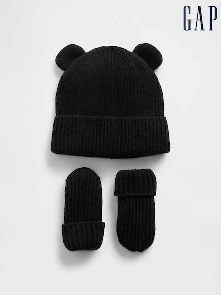 Gap Black CashSoft Bear Beanie and Mittens Set (Newborn-3yrs) (H73970) | €32