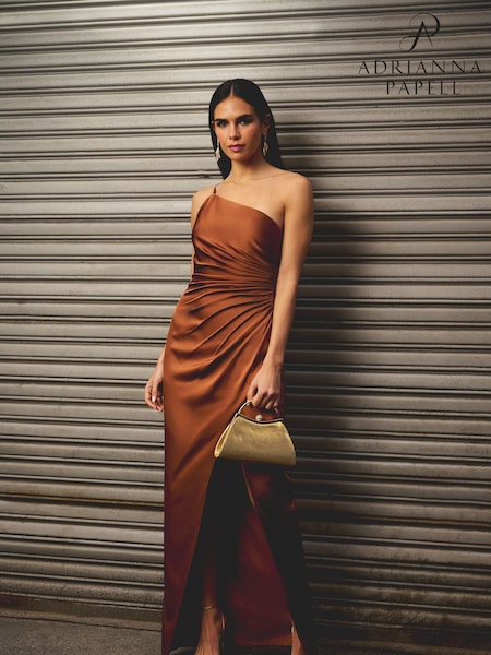 Adrianna Papell Stretch Satin Long Brown Dress (H74034) | 1,854 LEI