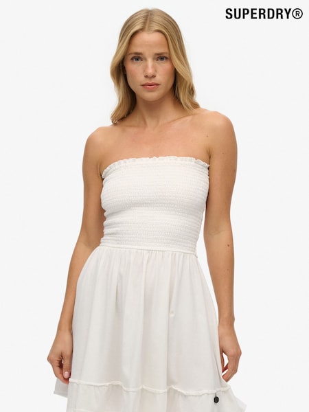 Superdry White Smocked Bandeau Mini Dress (H74162) | R$ 395