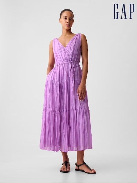 Gap Purple Pleated Tiered V Neck Midi Dress (H74611) | €43