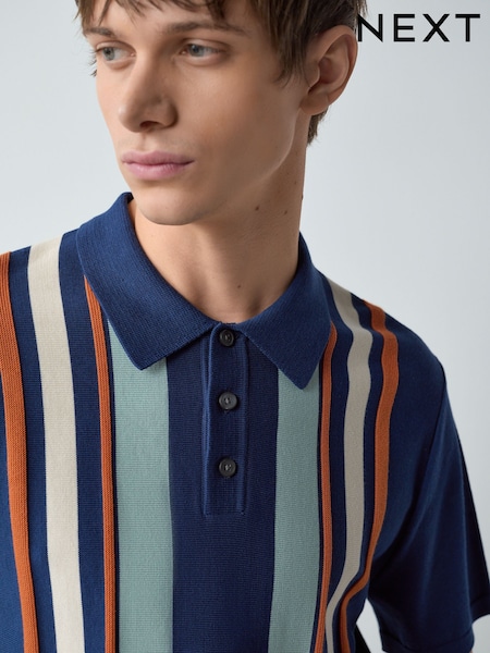 Navy Blue Regular Fit Cotton Rich Short Sleeve Stripe Knit Polo Shirt (H75344) | $56