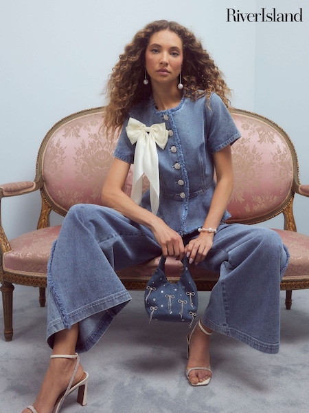 River Island Blue Denim Diamante Peplum Jacket (H75497) | R$ 455
