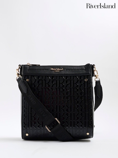 River Island Black Patent Monogram Messenger Bag (H75507) | €40