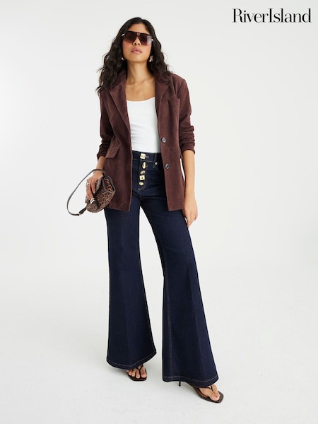 River Island Blue High Rise Button Front Palazzo Jeans (H75535) | €72