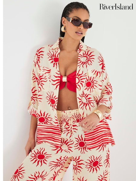 River Island Cream Oversized Sun Print Beach Shirt (H75536) | 178 QAR