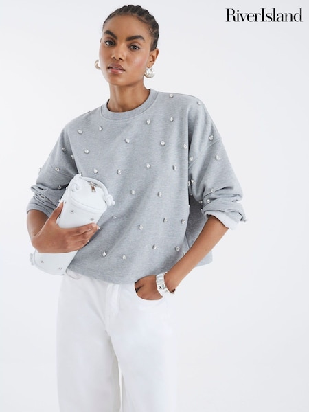 River Island Grey Diamante Sweat Top (H75541) | €56