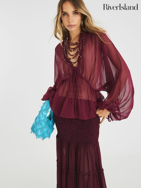 River Island Tie Front Smocked Blouse (H75543) | R$ 395 - R$ 535