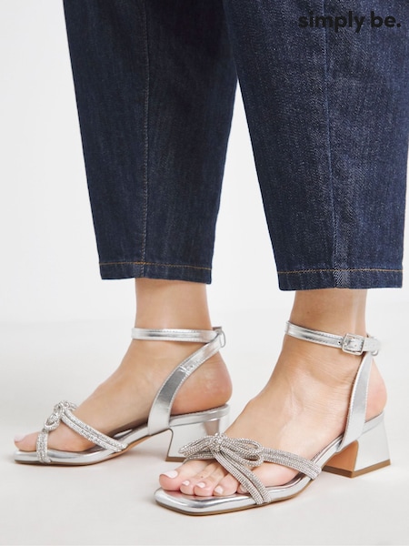 Simply Be Silver Extra Wide Fit Diamante Bow Block Heel Sandals (H75712) | 178 QAR