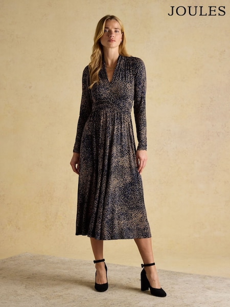 Joules Mina Navy Jersey Ruched Waist Long Sleeve V Neck Dress (H75980) | AED320