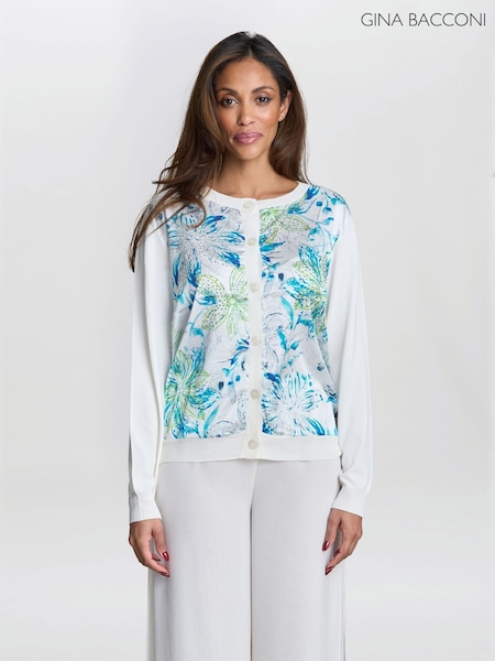 Gina Bacconi Vilma Floral Print Satin Front White Cardigan (H76206) | R$ 780