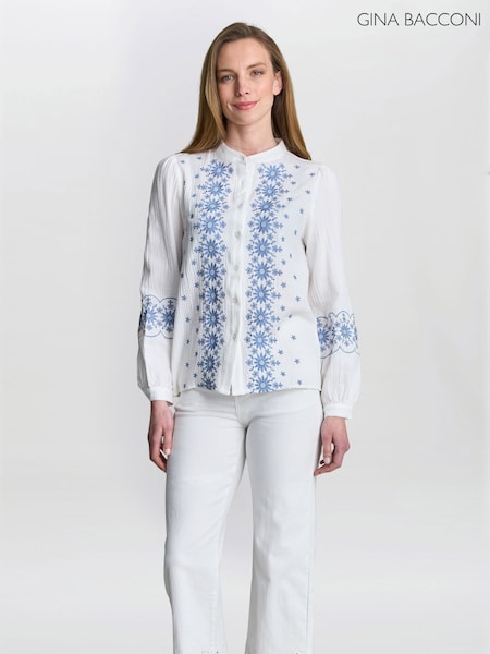 Gina Bacconi Clare Cotton Muslin Embroidered White Shirt (H76215) | R$ 780