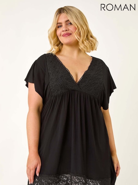 Roman Black Curve Lace Trim Stretch Blouse (H76317) | €57