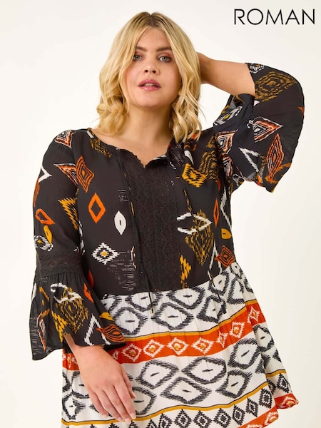 Roman Orange Curve Ikat Print Woven Blouse (H76320) | €53