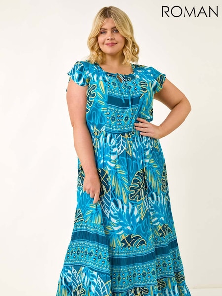 Roman Blue Curve Tropical Tie Neck Dress (H76321) | €69