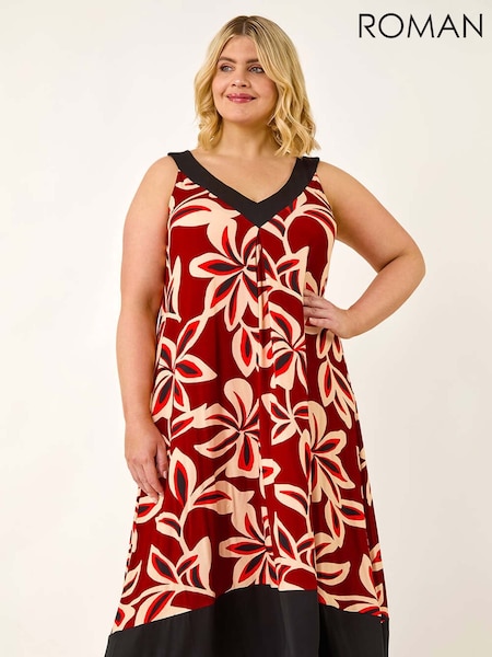 Roman Red Curve Floral Print V-Neck Dress (H76322) | €69