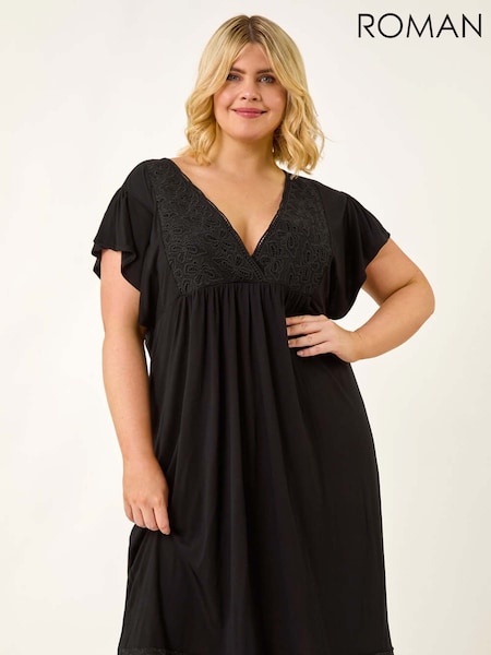 Roman Black Curve Lace V-Neck Midi Dress (H76323) | €58