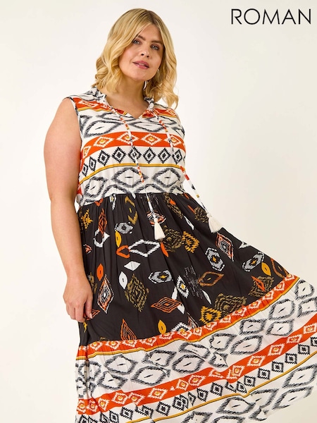 Roman Curve Aztec Print Smock Midi Dress (H76324) | R$ 605