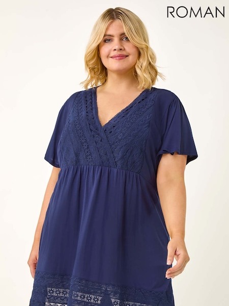 Roman Blue Curve Lace Trim Stretch Blouse (H76327) | €51