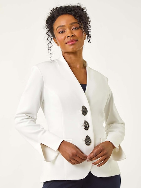 Roman White Petite Collarless Statement Button Jacket (H76341) | R$ 785