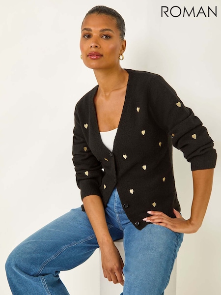 Roman Black Embroidered Heart Knit Cardigan (H76375) | R$ 385