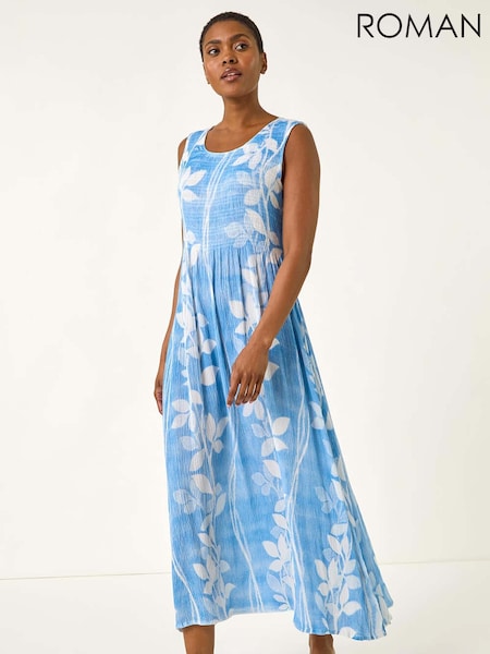Azul claro - Roman Leaf Print Shirred Bodice Midi Dress (H76382) | R$ 545