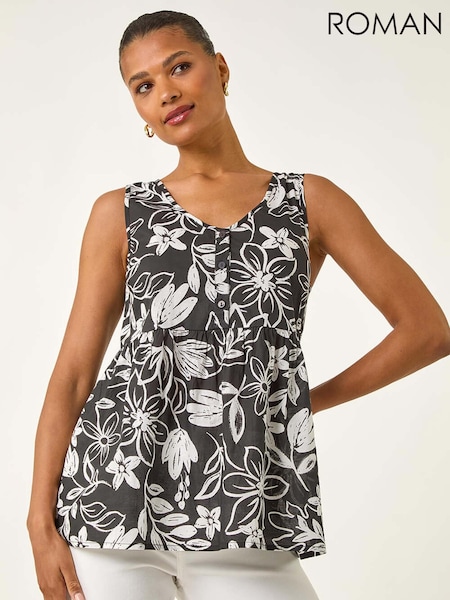 Roman Black Floral V-Neck Buttoned Blouse (H76388) | €40