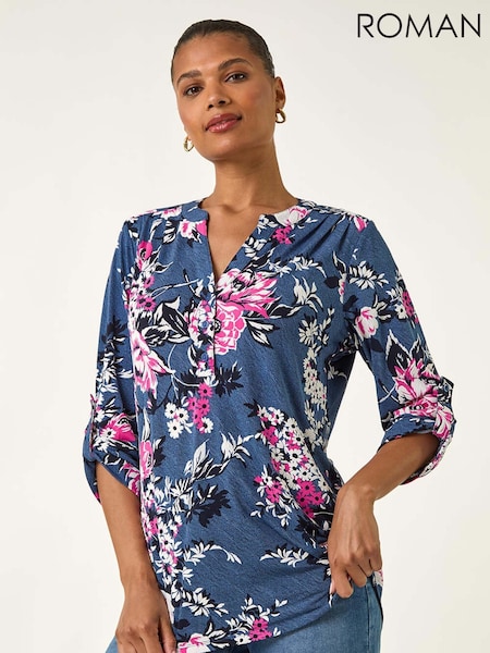 Roman Blue Floral Print Puff Print Stretch Blouse (H76390) | €40