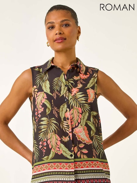Roman Pink Floral Border Print Button Blouse (H76391) | AED233