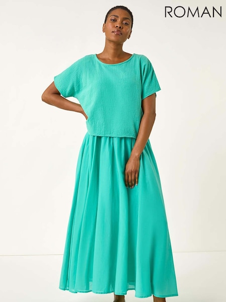 Roman Green Cotton Top Overlay Midi Dress (H76393) | €74